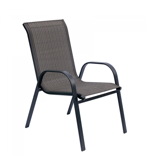 Kovová zahradní židle v odstínech šedé a hnědé s područkami a prodyšným opěradlem.