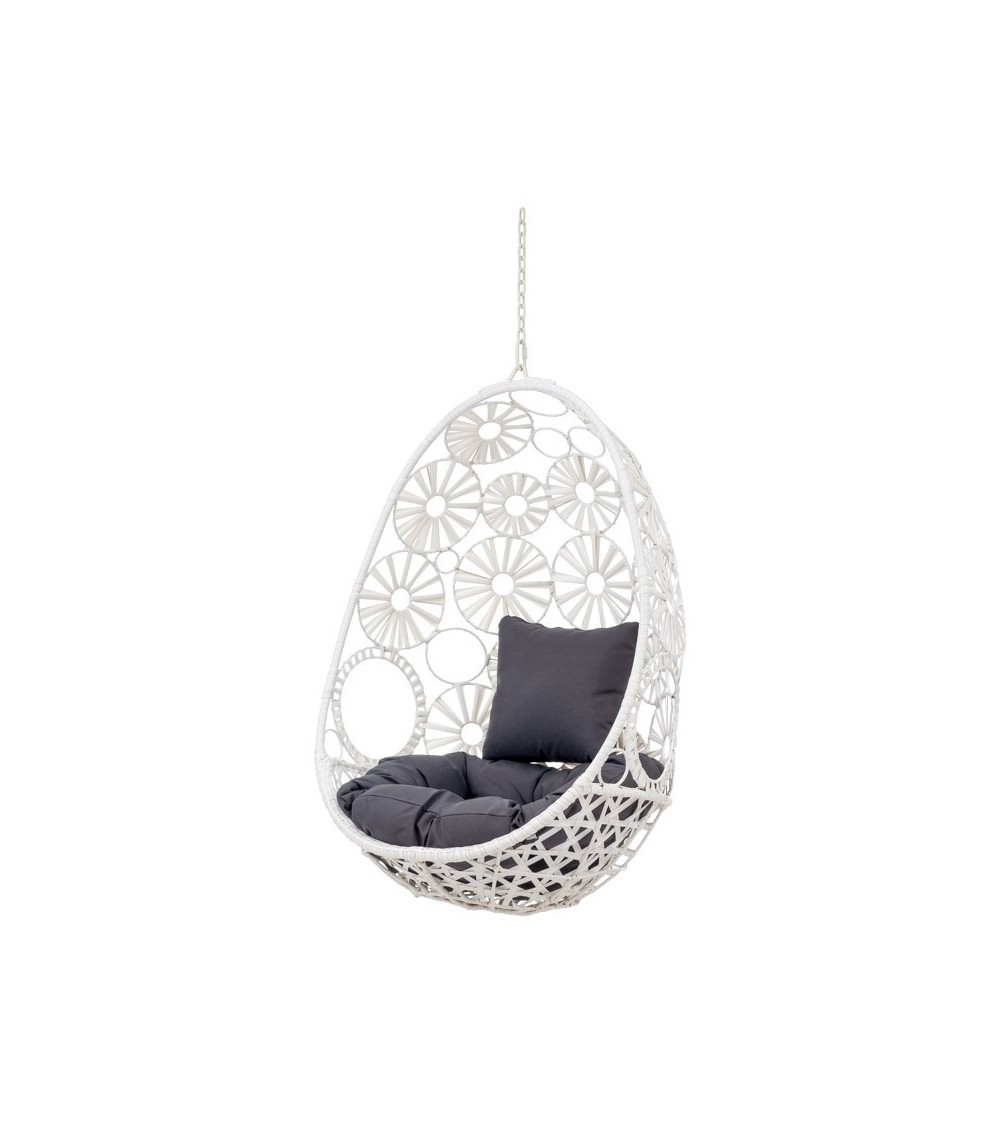 Bílé závěsné křeslo ve tvaru vajíčka se šedými polštáři - zahradní nábytek a pokojový nábytek