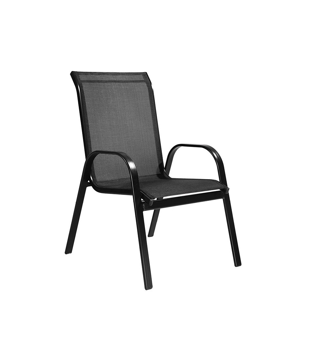 Kovová zahradní židle v černé barvě s područkami a prodyšným opěradlem.