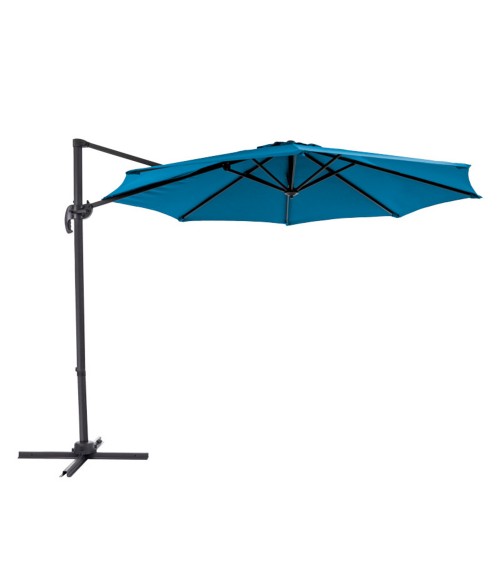 Niebieski parasol do ogrodu z szeroką czaszą oraz funkcją obrotu o 360 stopni.