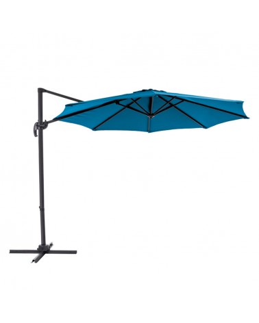 Niebieski parasol do ogrodu z szeroką czaszą oraz funkcją obrotu o 360 stopni.